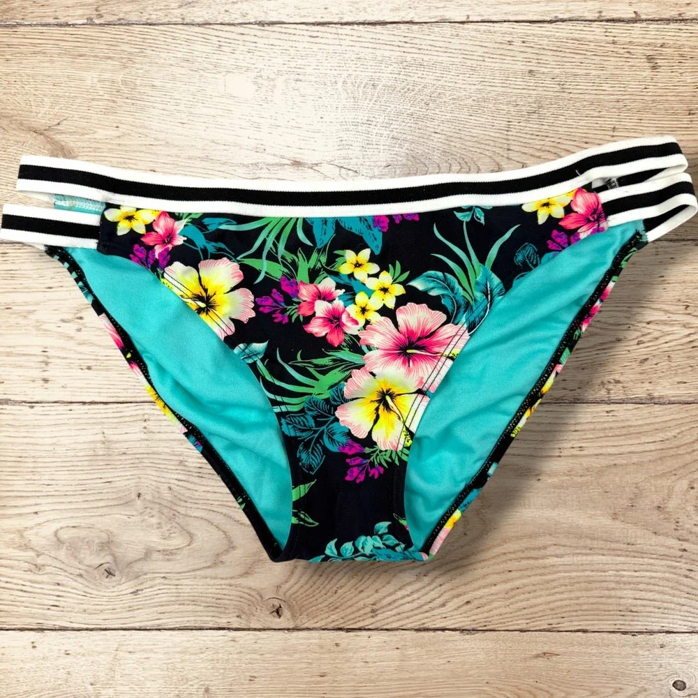 XHILARATION High Neck Halter Bikini Set Black Floral Tropical‎ Print Womens L